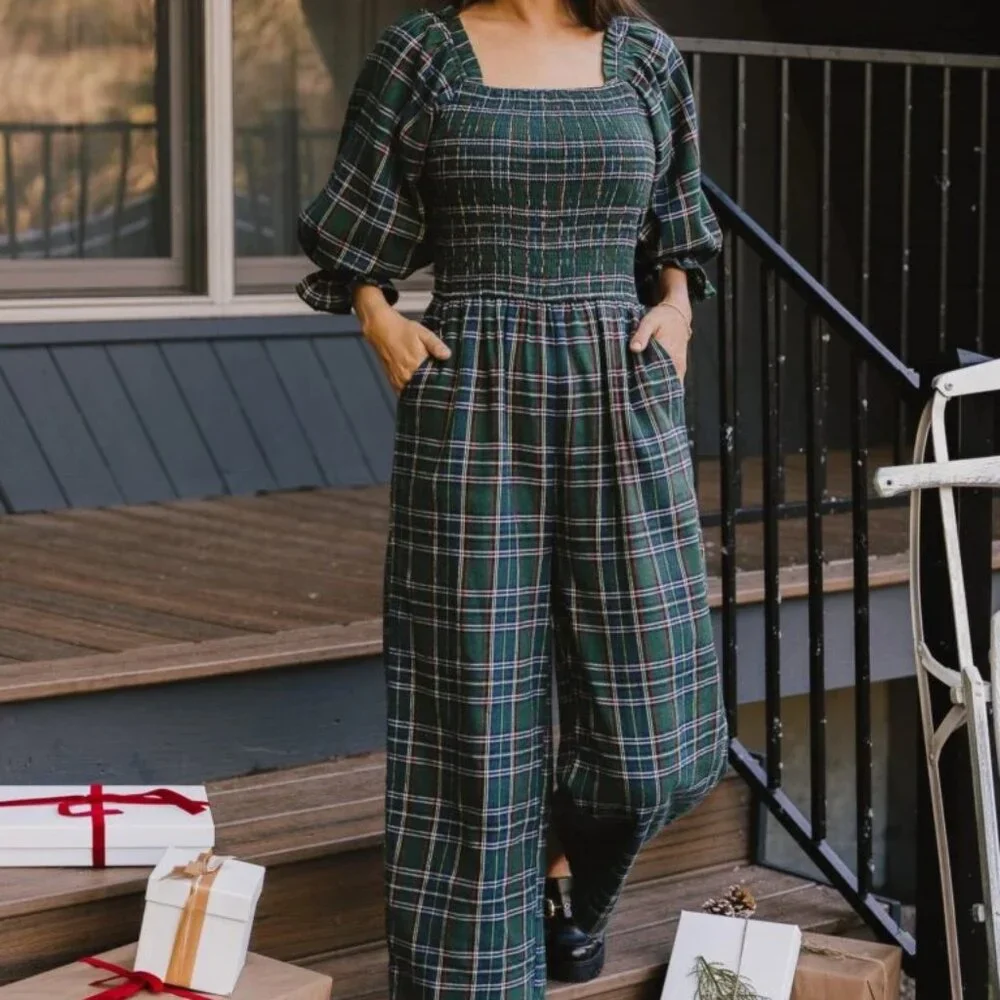Ivy City Co Plaid Jumpsuit in Green and Blue - Picture 1 of 8